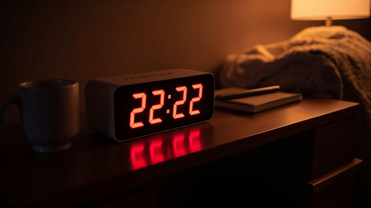 Cyfrowy zegar z godziną 22:22 na ciemnym tle, symbolika lustrzanej godziny