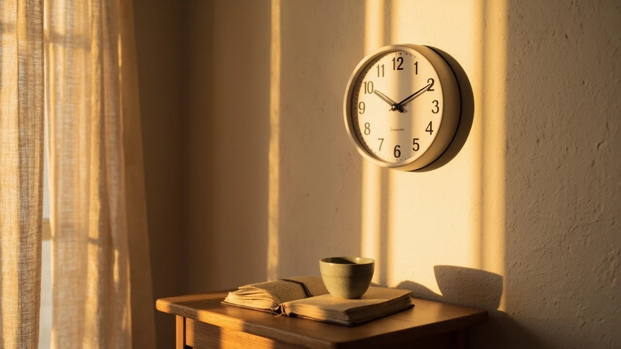 Zegar ścienny wskazujący godzinę 11:11 w miękkim, wieczornym świetle